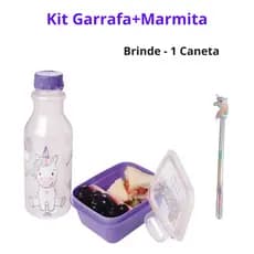 Kit Lancheira Marmita + Garrafa Unicórnio Plasútil Pote Marmita Hermético + Garrafa com Tampa de Rosca