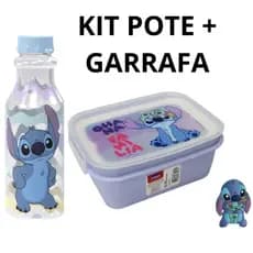 Kit Lancheira Marmita + Garrafa Stitch Plasútil Pote Marmita Hermético + Garrafa com Tampa de Rosca