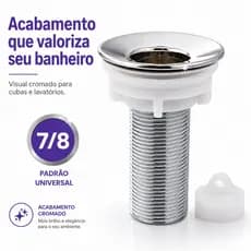 Válvula Ralo Para Pia Banheiro Lavatório Cuba Cromada ABS 7/8 Com Tampa