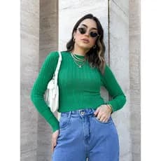 Blusa Cropped Trança Manga Longa Tricot Tricô Modal