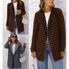 Casaco feminino grosso tipo cardigan estampa Pied Poule kimono de frio, tamanho unico 36-40, comprimento 70 cm