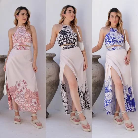 Conjunto 2 pc  feminino ( cropped +  saia longo  )   ,Saia com desenho elástico nas costas. estampa- flores, .