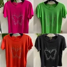 Blusa manga curto feminina T-shirt com pedraria / estampa Borboleta ,tecido viscolycra   ,TAM: M ,G ,GG