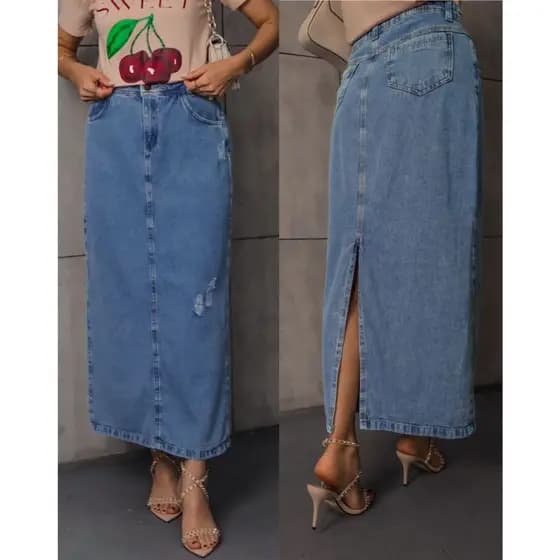 Saias jeans cintura alta rasgado dividir de volta. casual, elegante, simples e elegante, comprimento 90 cm,tamanh 36-46