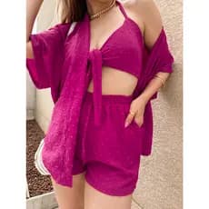 Conjunto 3 pc  Feminina (kimono+short+cropped) Liso （ tecido detalhado Duna ) . tamanho unico veste 40