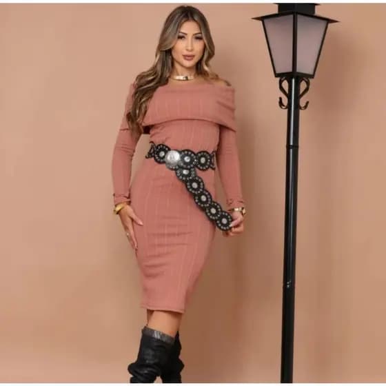 Vestido feminino manga longa tecido Anarruga