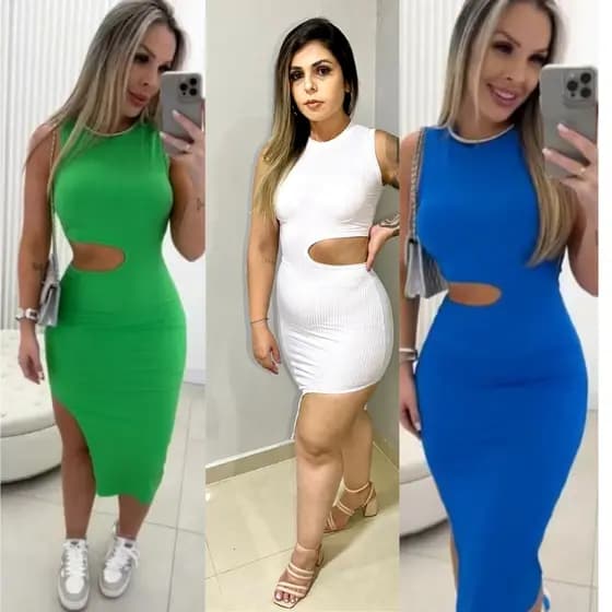 Kit 3 vestidos Femininos Malha Canelada com elastano Midi Com Detalhe Na cintura Fabriçacão Propria