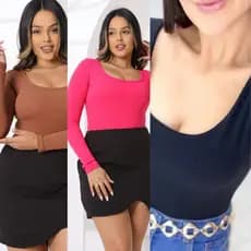 Kit 3 Body Feminino Manga longa Decote com Foro  Outono Inverno Tecido Canelado