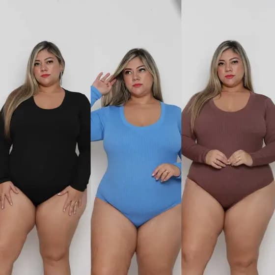 Kit 3 Body Feminino Plus Size Manga longa Decote com Foro  Outono Inverno Tecido Canelado