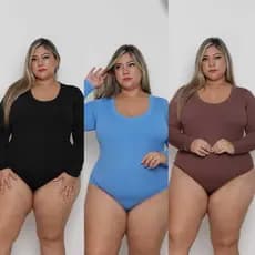 Kit 3 Body Feminino Plus Size Manga longa Decote com Foro  Outono Inverno Tecido Canelado