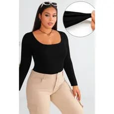 Body Plus Size Feminino Suplex Manga longa Gola Quadrada tendencia Outono Inverno Modelador