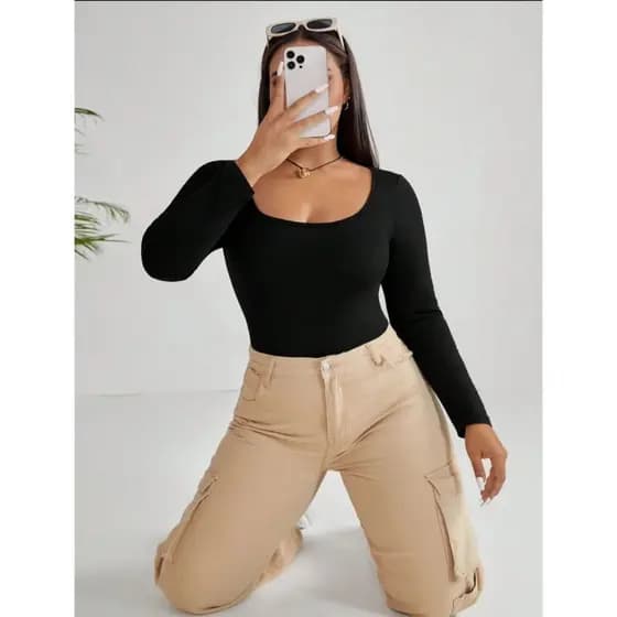 Body Bory Feminino Manga Longa PLus size Suplex Gola Quadrada Ideal Pra dias De Outono Inverno