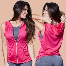 Colete Feminino Dry-Fit para Sem Manga Fitness academia Estiloso com Fecho e Capuz POLI