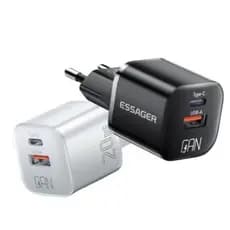 Carregador USB + Tipo C Essager GaN 20w Carreg Rapido QC3.0 P/IPhone 15/16/17 e Android + Cabo 100w Cabo Tipo C Tipo C