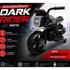 Moto Elétrica Infantil Dark Rider Preta Recarregável 3 Rodas Luzes e Sons Criança Menino Menina Até 25kg