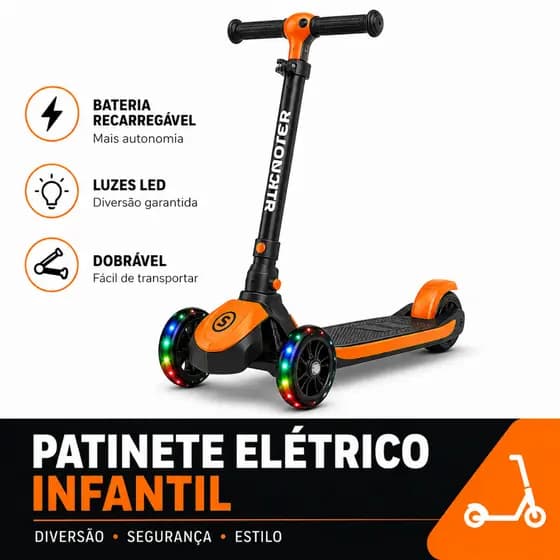 Patinete Infantil Dobrável LED Freio Guidão Ajustável Antiderrapante a Partir de 3 Anos