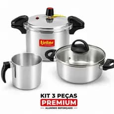 Kit Jogo Panelas Premium Reforçadas Alumínio - Panela Pressão 4,5L Caçarola Tampa de Vidro e Canecão