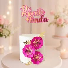 Topo para bolo De repente mais linda pink e dourado- Topper para bolo -Topo com flores