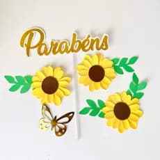 Topo de bolo Girassol - Topper de bolo Parabéns - Topo de bolo com flores-Topo dourado