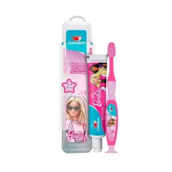 Kit Escova e Gel Dental Condor Kids Barbie Sabor Morango 5+ Anos com Flúor 50g e Ganhe estojo de proteção