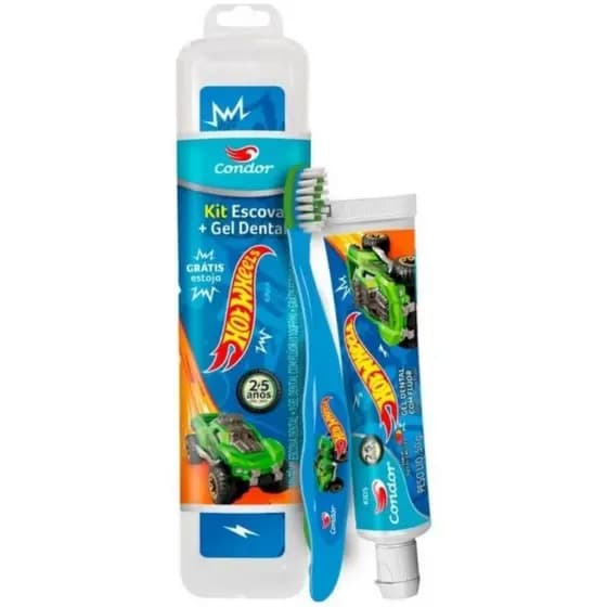 kit Escova Dental Extramacia Hot Wheels + Gel Dental+ Estojo idade 2 a 5 anos