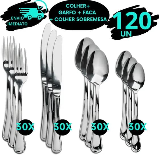 Jogo 120 Talheres Inox Colher Faca Garfo e Colher Sobremesa Resistente Ideal para Todas as Refeições