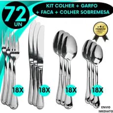 Conjunto 72 Talheres Inox Garfo Faca Colher e Colher Sobremesa Faqueiro Completo Mesa
