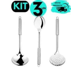Conjunto de Utensílios Kit 3 Concha Colher de Arroz Escumadeira Grande Inox