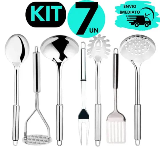 Conjunto de Utensilio Para Cozinha Essencial em Inox Concha Escumadeira Amassador de Batata Colher