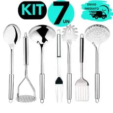 Conjunto de Utensilio Para Cozinha Essencial em Inox Concha Escumadeira Amassador de Batata Colher