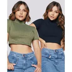 Top Cropped Canelado Gola Alta Manga Curta Cor Preto e Verde