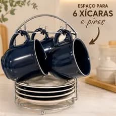 Organizador Porta Xícaras e Pires Cromado Suporte para 6 Xícaras Decoração Cantinho do Café Bancada