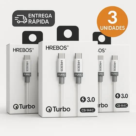 Cabo Tipo C C Turbo 3.0A - Kit 3 Unidades - Carregamento Turbo 1m Branco HRebos
