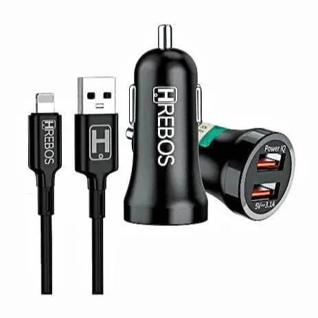 Carregador de Carro Veicular Turbo 3.1A com Cabo Lightning Para iPhone | Preto | Original HRebos Anatel