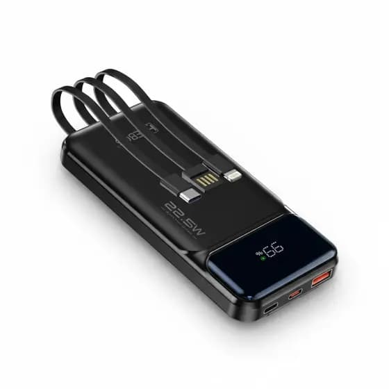 Carregador Portatil 10.000mAh com Cabos Tipo C, Lightning e USB Acoplados Hrebos