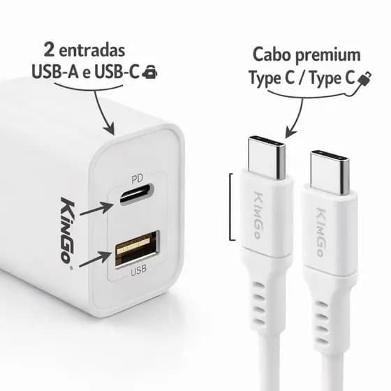Carregador Turbo 20W USB/C + Cabo Tipo C 3.0A 1m Bramco KinGo