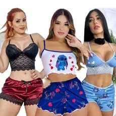 Pijama Baby Doll Virginia Cetim Renda