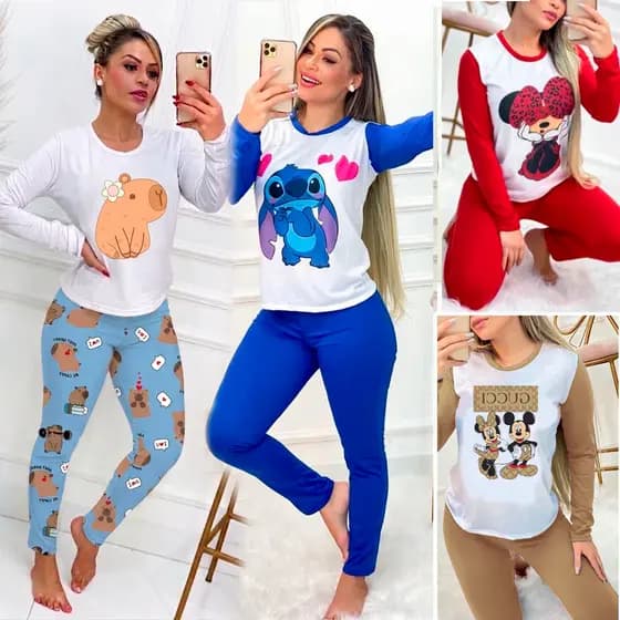 Pijama Feminino Malha Suede Manga Longa Luxo Inverno Personagens