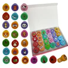 Kit Carimbos Infantil Pedagógico Fantasia e Aniversario 24 Unidades Tinta Colorido Exterior Colorido