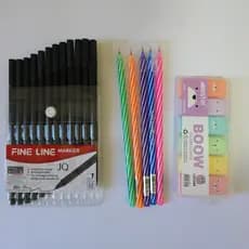 Kit com 12 Canetas Pretas Fine Line + Kit 6 mini Marca Texto Kawaii Ursinho+05 Canetas Coloridas 0.7mm