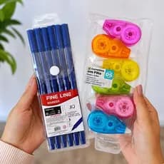 Kit 6 Canetas Fineline Azul 0,4 mm+ 1 Estojo com 6 corretivos coloridos em fita