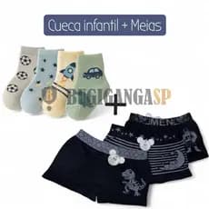 Kit com 10 Cuecas Boxer Microfibra Infantil Masculino + 12 Pares de Meias Infantis Menino