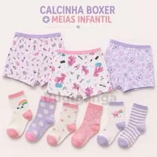 Kit com 10 Calcinhas Boxer Microfibra Infantil Feminina + 12 Pares de Meias Infantis Menina