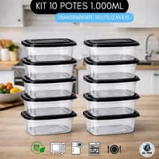 Kit 10 Potes 1000ml Tampa Preta GL MIX - BPA FREE Vasilhas, Marmitas, Organizador Geladeira Alimento
