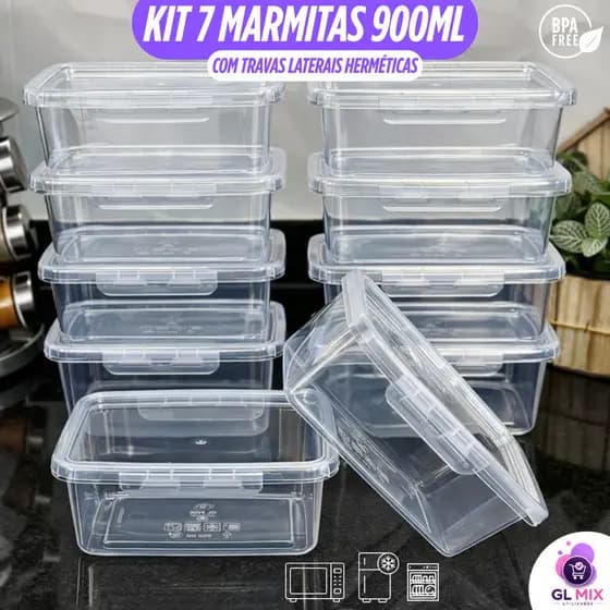 Kit 7 Marmitas 900ml Travas Laterais Herméticas Reutilizáveis - BPA FREE para Alimentos e Congelador
