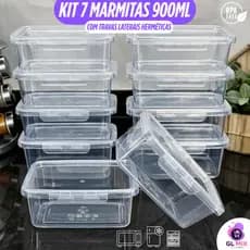 Kit 7 Marmitas 900ml Travas Laterais Herméticas Reutilizáveis - BPA FREE para Alimentos e Congelador