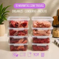Kit 10 Potes Marmitas 900ml com Travas Laterais Congela Fácil BPA FREE Fitness Empilhavel Com  Tampa