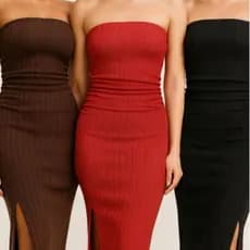 Vestido Midi Sem Bojo e com Fenda nas Laterais de 15 cm – Malha Canelado