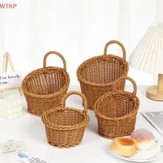 Cesta De Armazenamento De Cozinha De Vime De Imitação , Marrom Com Alça , Cestas Tecidas À Mão , Vegetais , Frutas , Flo