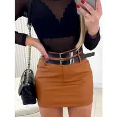 shorts saia de couro feminino com cinto duplo
